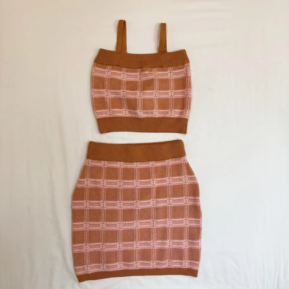 Pink and Tan Brown Plaid Tartan Knit Skirt Set- Cropped Tank Top and Skirt - Picture 5 of 8